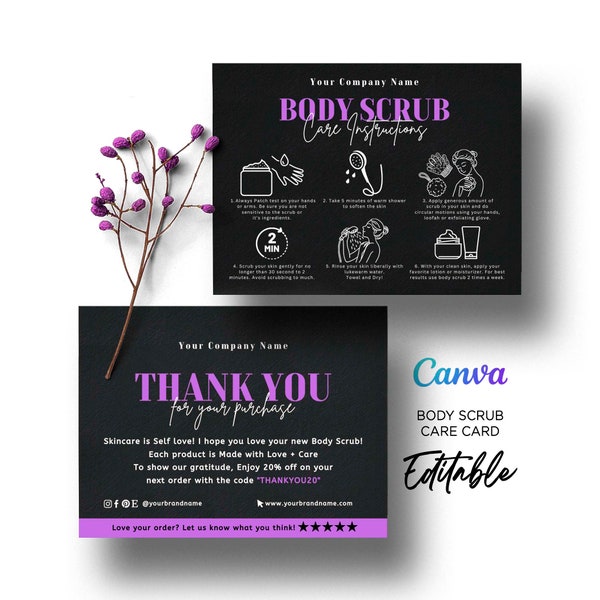 Body Scrub Instruction Card, Body Scrub Application Care Cards, How to Use Body Scrub, Body Scrub Thank You Card Editable Template Canva