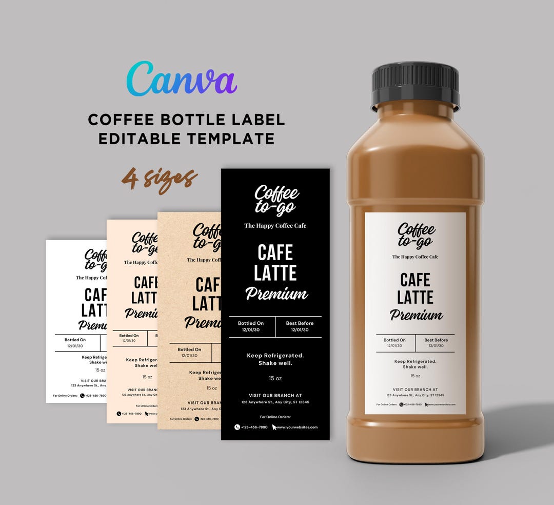 Coffee Bottle Labels, Iced Coffee Labels, Cafe Latte Labels, Cold Brew ...