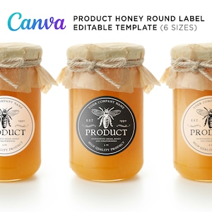 Honey Labels, Homemade Product Label, Mason Jar Labels, Honey Round Sticker, Honey Bee Labels, Honey Jar Round Label Editable Template Canva