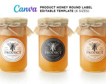 Honey Labels, Homemade Product Label, Mason Jar Labels, Honey Round Sticker, Honey Bee Labels, Honey Jar Round Label Editable Template Canva
