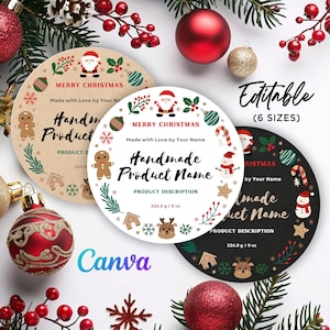 Könnte beinhalten: Kreisförmige Weihnachtsproduktetiketten mit festlichen Designs. Jedes Etikett zeigt "Merry Christmas", "Handmade Product Name" und "Product Description". Die Etiketten enthalten Weihnachtsmänner, Lebkuchenmänner und Schneeflocken. Die Etiketten sind 226,8 Gramm oder 8 oz.