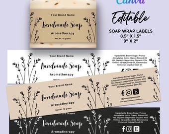 May include: A handmade soap bar with a beige label featuring the text "Handmade Soap Aromatherapy." The label includes floral illustrations and the text "Net Wt. 10 grams." The image also shows editable soap wrap labels with dimensions 8.5" x 1.5" and 9" x 2".