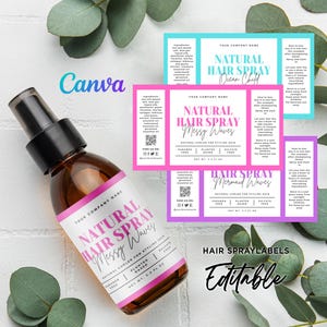 Template for Hair Spray Labels, Hair Spray Bottle Design, Hair Care Spray Sticker Label, Hair Perfume Spray Label Editable Template Canva