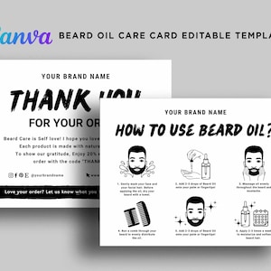 Printable Beard Oil Care Card, Beard Grooming Gift Set Card, How to use Beard Oil, Beard Oil Application Guide Card Template Editable Canva