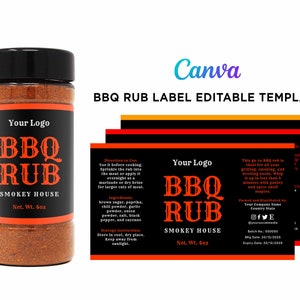 BBQ Rub Wrap Label Design, Barbeque Rub 8oz, 6oz, 4oz Spice Jar Clear Bottle. BBQ Rub Black Label. Editable Template Personalize Canva.