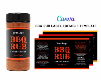Könnte beinhalten: Eine schwarze und rote Etikettenvorlage für BBQ-Rub mit dem Text "BBQ RUB" in fetter, roter Schrift. Das Etikett enthält auch den Text "Smokey House" und "Net. Wt. 4oz".