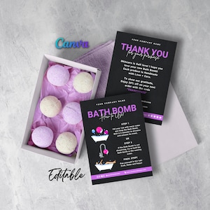 Bath Bombs Care Cards, How to Use Bath Bombs, Bath Bombs Thank You Cards, Bath Fizzers, Bath Bombs Care Instruction Editable Template Canva