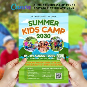 May include: A Summer Kids Camp 2030 flyer template featuring a light blue sky background with green hills and trees. The flyer includes three circular photos of children participating in outdoor activities, event dates, a QR code, and text.