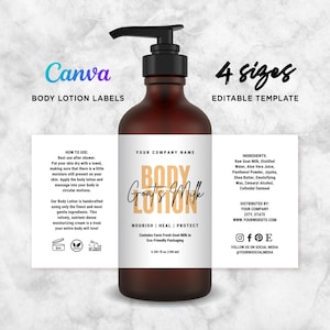 May include: A brown bottle of Goat's Milk Body Lotion with a black pump dispenser. The label includes the text "Body Lotion" and "Nourish | Heal | Protect". The bottle contains 3.381 fl oz (100 ml) of lotion. The label also includes the ingredients.