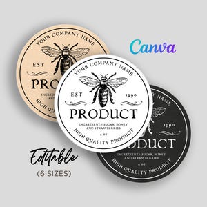 Honey Labels, Homemade Product Label, Mason Jar Labels, Honey Round Sticker, Honey Bee Labels, Honey Jar Round Label Editable Template Canva