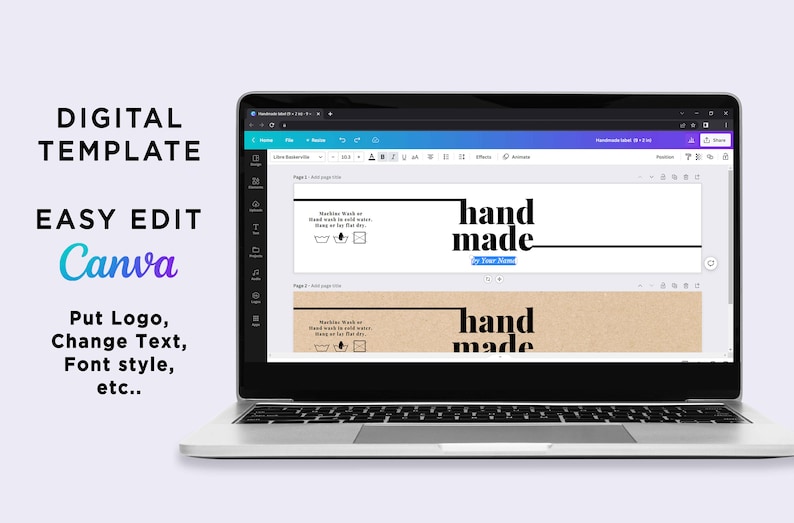 K&ouml;nnte beinhalten: Ein Laptop-Bildschirm zeigt eine Canva-Designvorlage f&uuml;r ein handgemachtes Produktetikett. Die Vorlage hat einen wei&szlig;en Hintergrund mit schwarzem Text, der "handgemacht" und "Maschinenw&auml;sche oder Handw&auml;sche in kaltem Wasser, Trocknergeeignet bei niedriger Temperatur oder flach trocknen" lautet. Die Vorlage enth&auml;lt auch ein Schwarzwei&szlig;-Symbol f&uuml;r eine Waschmaschine, ein Handwaschsymbol, einen Trockner und ein B&uuml;geleisen. Die Vorlage befindet sich auf einem wei&szlig;en Hintergrund mit schwarzem Rand.