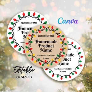Può includere: Tre etichette circolari con una catena nera di luci natalizie rosse, verdi e gialle. Le etichette riportano il testo YOUR COMPANY NAME, Homemade Product Name, Best Before: 01/02/2025 e 8 grams. Due etichette sono bianche e una è marrone.