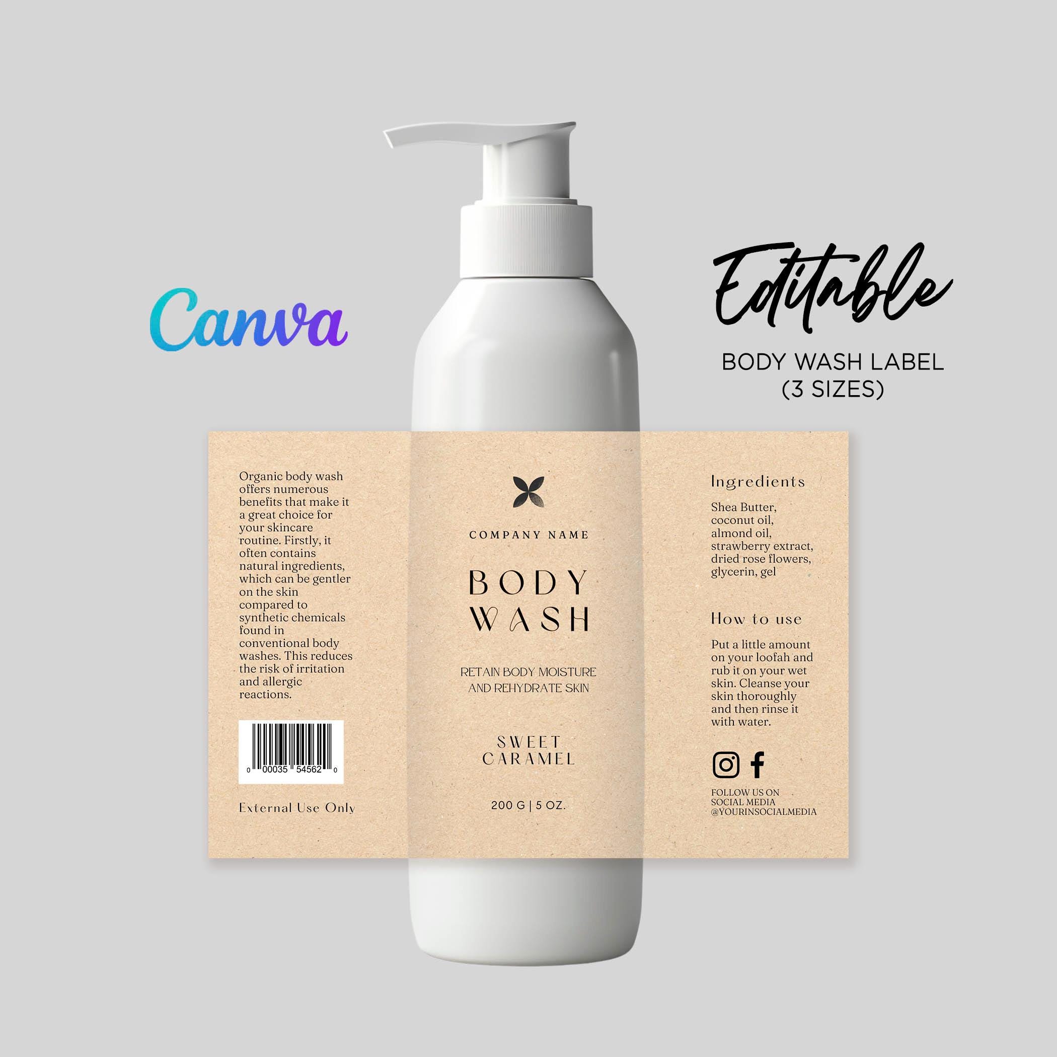 Pump Bottle Body Wash Label, Editable Body Care Product Packaging ...