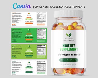 Supplement Bottle Labels, Supplement Labels, Vitamin Labels, Vegan Supplement, Pill Bottle Label, Supplement Template Editable Canva
