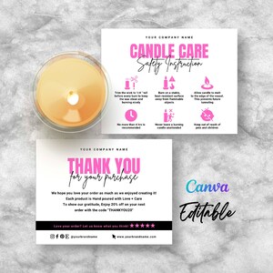 Candle Care Card, Candle Business Cards, Candle Safety Instruction, Candle Warning Card, Candle Thank You, Candle Care Card Editable Canva