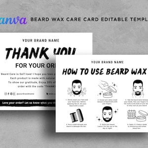 Beard Wax Care Card, Beard Grooming Gift Set Card, How to Use Beard Wax, Beard Wax Application, Bear Balm Care Card Template Editable Canva