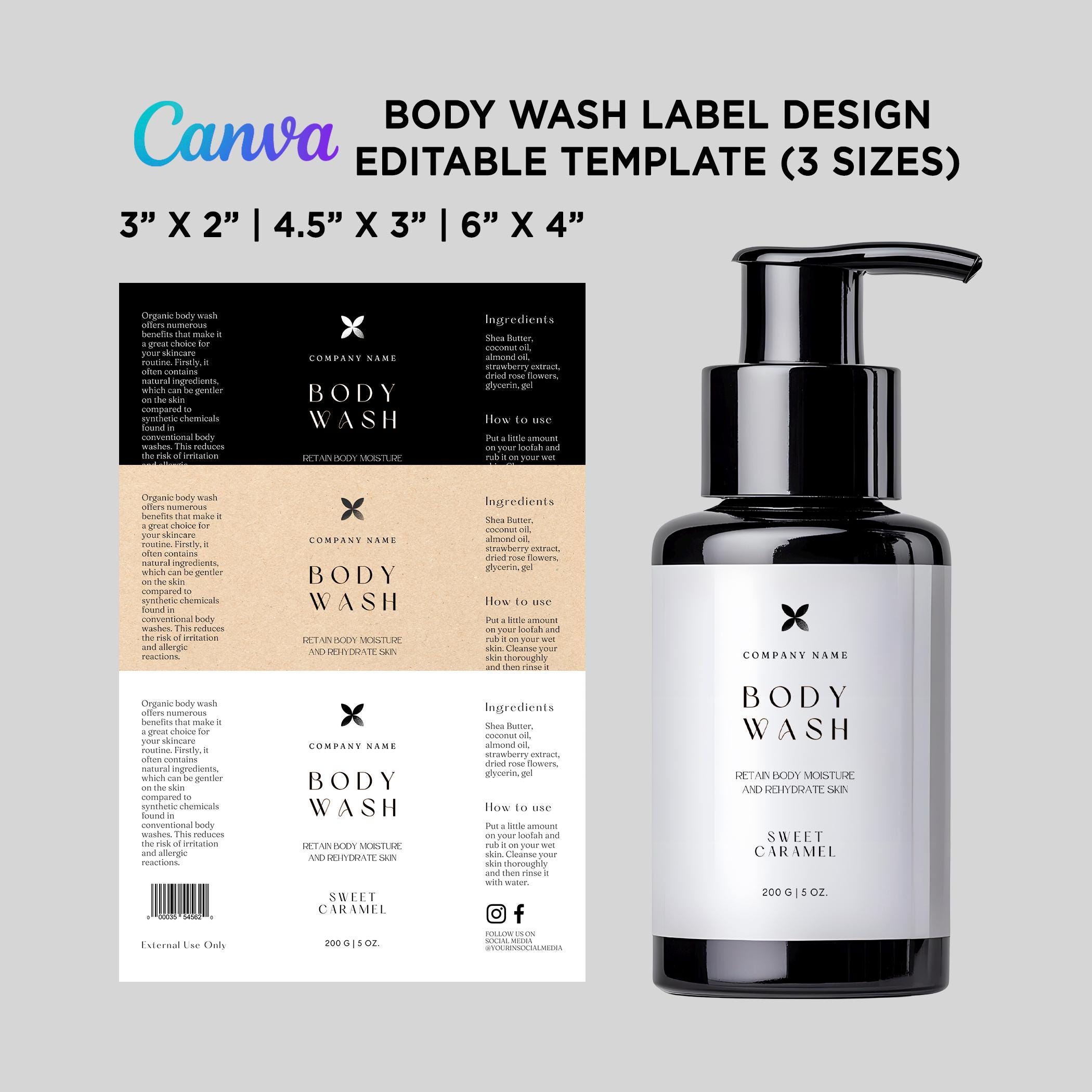 Pump Bottle Body Wash Label, Editable Body Care Product Packaging ...