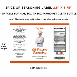 Chef Spice Labels, Custom Spice Label, Seasoning Labels, All Purpose ...