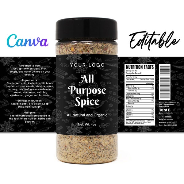 Wrap Label for Spice, Seasoning. 4oz Clear Bottle. Spice Label Sticker. Editable Template Personalize Canva.