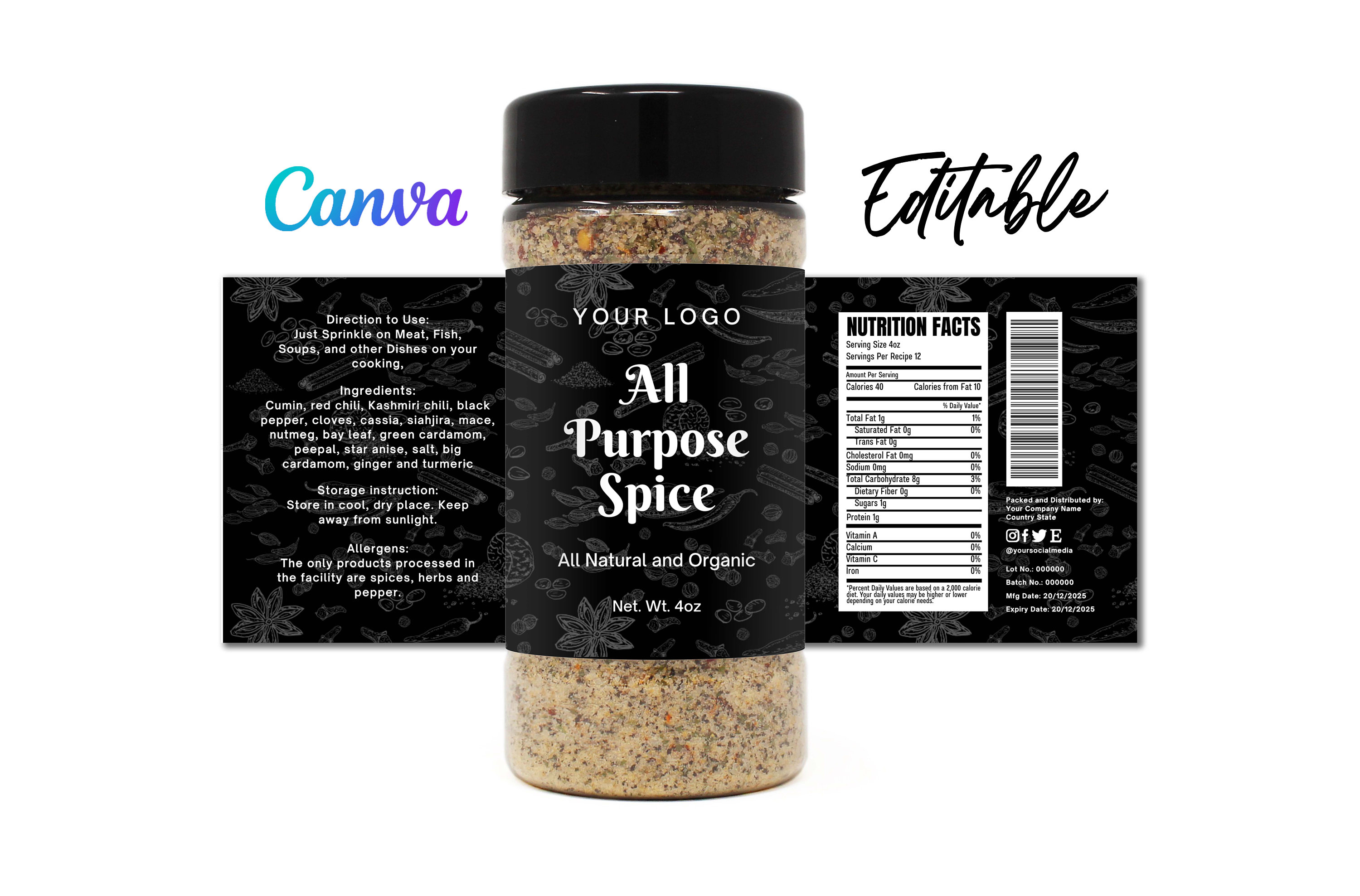 Wrap Label for Spice, Seasoning. 4oz Clear Bottle. Spice Label Sticker. Editable Template Personalize Canva.