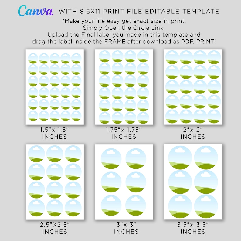 May include: Printable template with different sizes of circles featuring a green hill and a white cloud on a blue sky background. The sizes are 1.5 inches, 1.75 inches, 2 inches, 2.5 inches, 3 inches, and 3.5 inches.