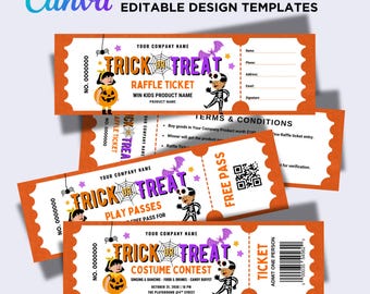May include: A collection of orange and white Halloween tickets featuring the words "Trick or Treat". The designs include a pumpkin character, skeleton, and bat illustrations. The tickets are designed as editable templates for various events.