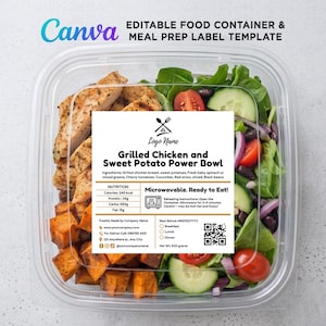 編集可能な食事準備ラベルテンプレートCanva、食品容器デザインステッカー、DIY電子レンジ対応ステッカー、カスタムテイクアウト調理済み食品ラベル