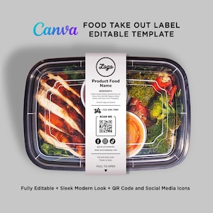 May include: A rectangular black plastic food container with a clear lid, featuring a white paper label band. The label includes a logo placeholder, product name, ingredient list, a delivery icon, a QR code, and social media icons.