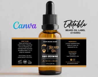 Beard Oil Labels, Beard Oil Dropper Bottle Label, Beard Oil for Men, Beard Growth Oil, Beard Kit, Beard Oil Bottle Template Editable Canva