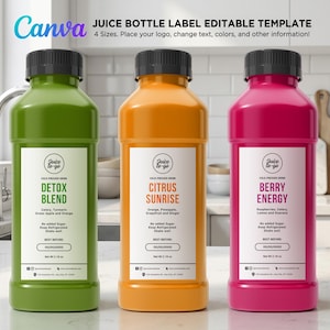 May include: Three plastic juice bottles with black caps, featuring white labels with text. The green bottle is labeled Detox Blend, the orange bottle Citrus Sunrise, and the pink bottle Berry Energy. The text includes ingredients and net weight 2.18 oz.