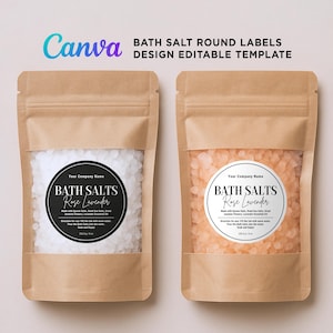 Bath Salts Round Label, Bath Salts Packaging, Foot Scrub Labels,  Bath Soak Jar Label Sticker, Body Scrub Bath Salts Editable Template Canva