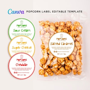 Popcorn Labels, Popcorn Logo, Popcorn Business, Popcorn Templates, Printable Product Round Label, Food Flavor Label Editable Template Canva