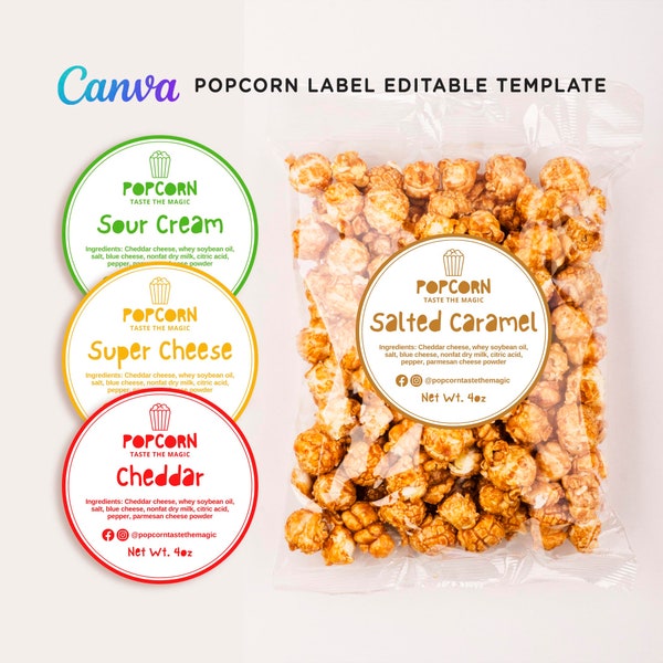 Popcorn Labels, Popcorn Logo, Popcorn Business, Popcorn Templates, Printable Product Round Label, Food Flavor Label Editable Template Canva