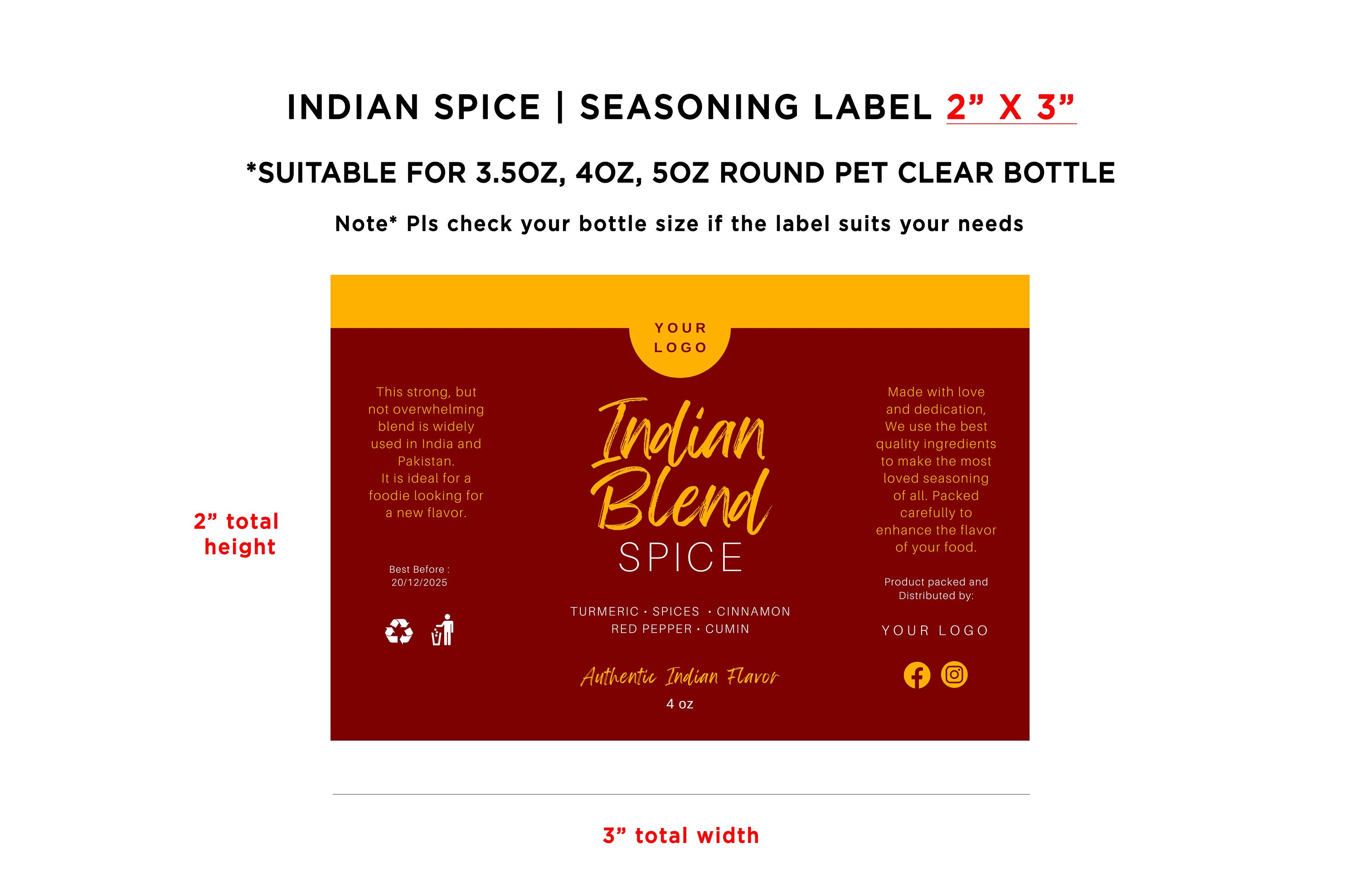 Printable Indian Blend Spice Wrap Label, Indian Seasoning Label, 4oz ...