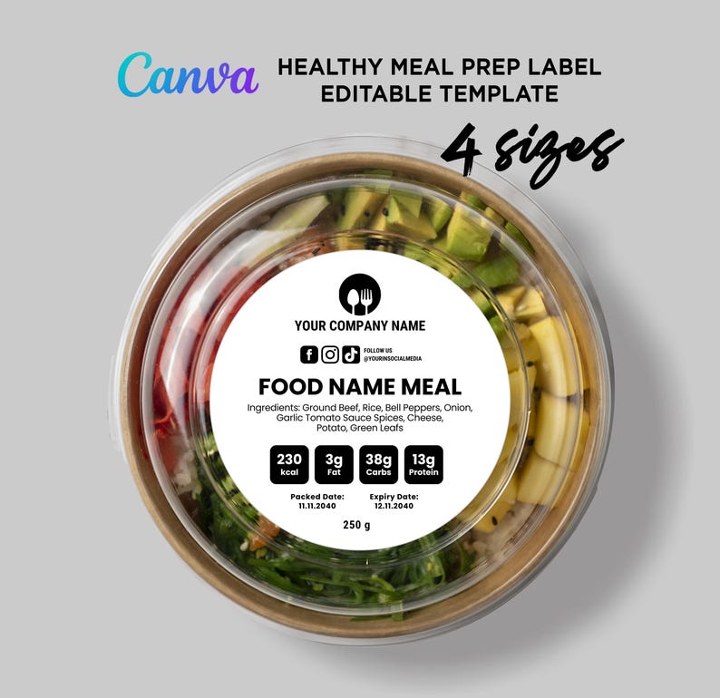 Editable Meal Container Label: Healthy Protein, Calorie Label (canva ...