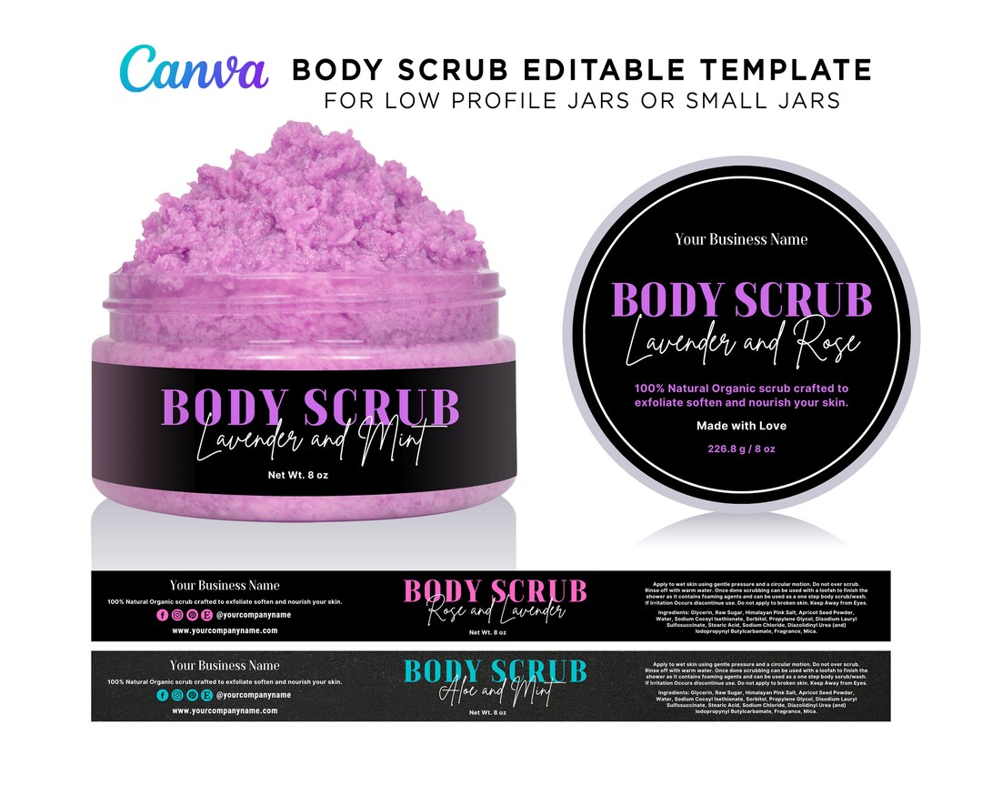 Printable Bath Body Scrub Labels for Low Profile Jars, Small Jar, Sugar