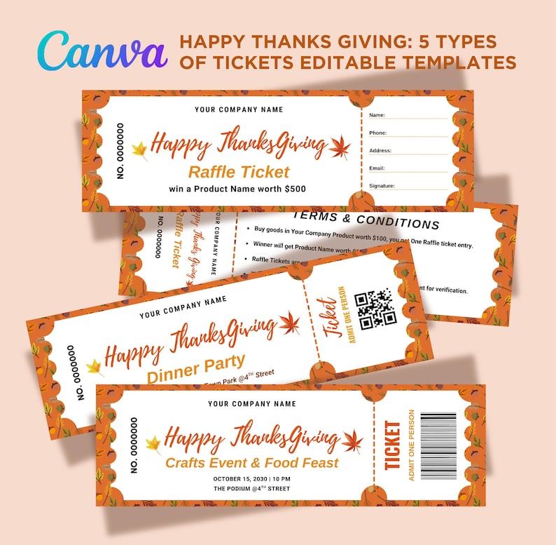 5 Types of Thanksgiving Ticket Sets, Happy Thanksgiving Templates ...