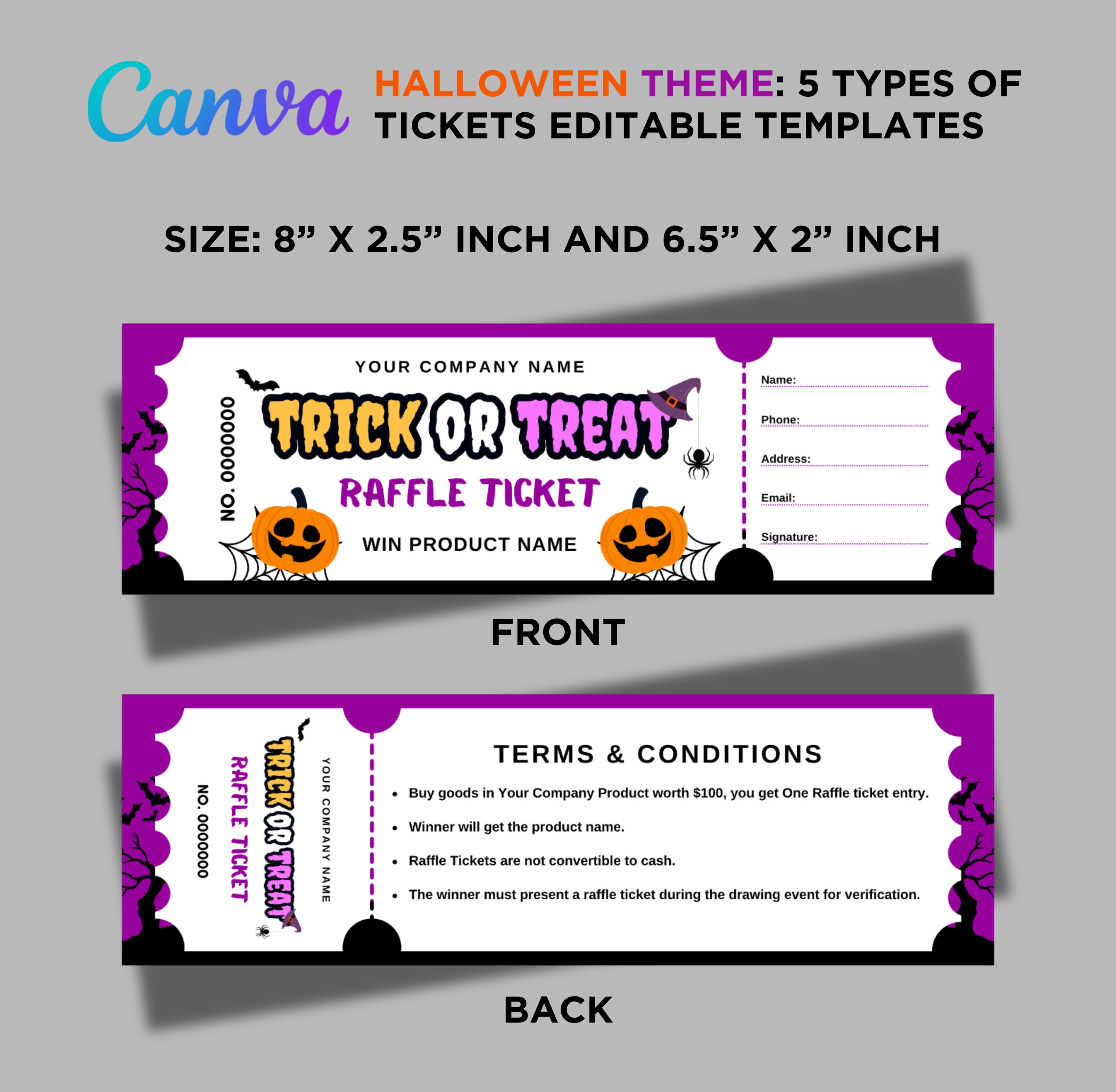 Hallows Week Raffle Tickets 5 Types of Halloween Ticket Template Bundle: Costume Party, Movie ...