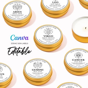 Zodiac Sign Labels, Astrology Labels, Zodiac Candle Labels, Horoscope Candle Labels, Astrology Stickers, Zodiac Sign Template Editable Canva