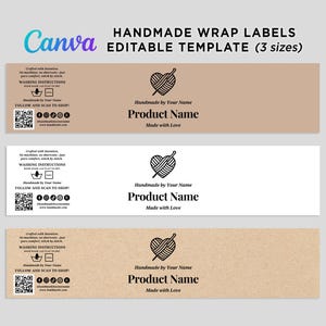 Puede incluir: Tres etiquetas rectangulares hechas a mano en colores beige, blanco y papel kraft. Cada etiqueta presenta un icono de ovillo de lana en forma de corazón, el texto "Product Name", "Handmade by Your Name", "Made with Love", instrucciones de lavado y un código QR.