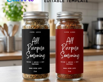 Printable Wrap Label for All Purpose Seasoning. Spice Label 8oz, 4oz Clear Bottle. Editable Template Personalize Canva.