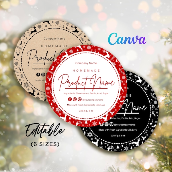 Christmas Edition Round Labels, Printable Christmas Round Tags, Christmas Canning Jar, Homemade Jam Labels Tags, Editable Template in Canva