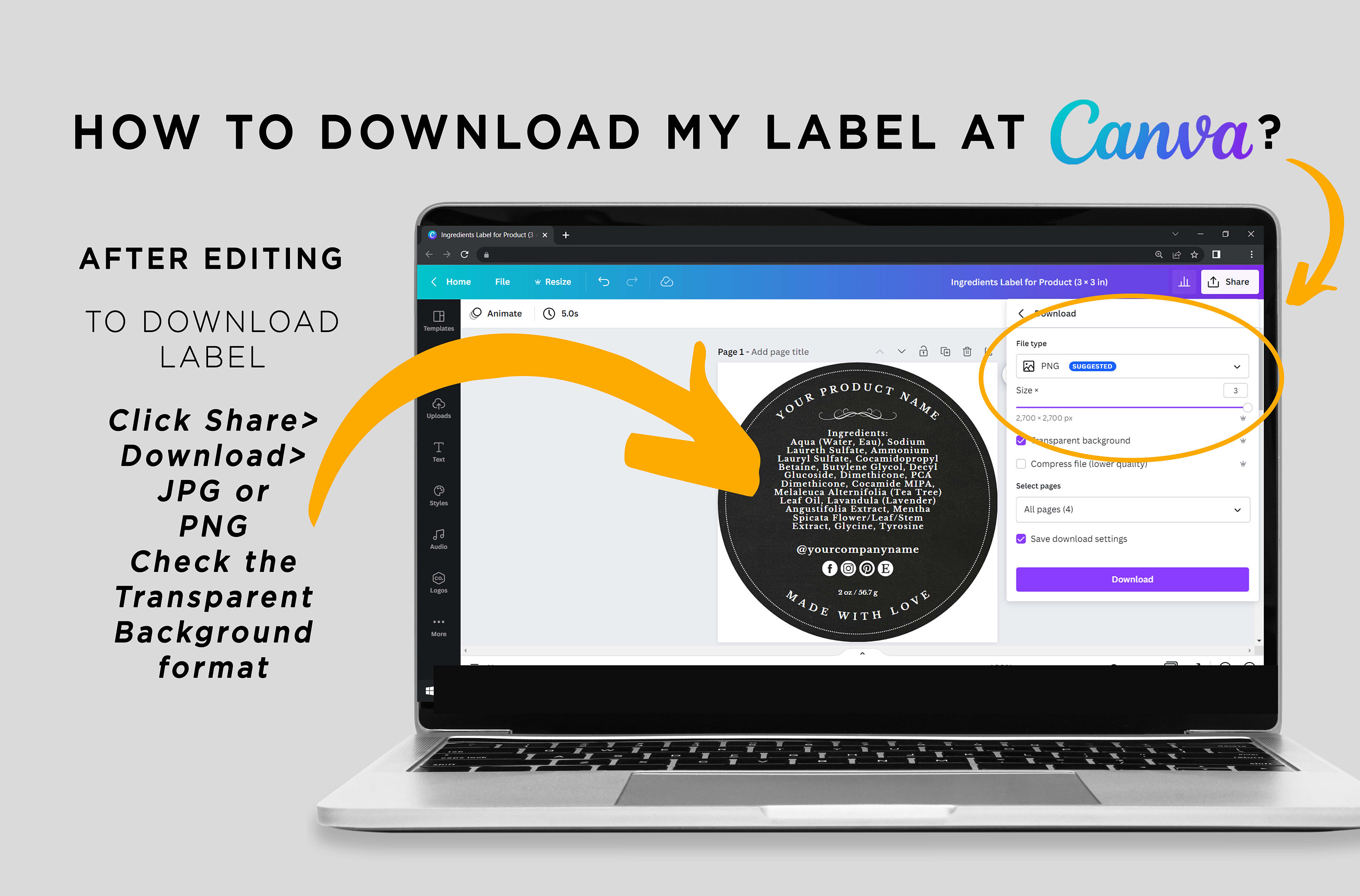 Printable Product Ingredients Label, Ingredients Back Circle Label ...