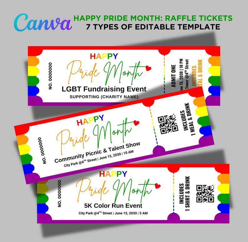Pride Raffles Pride Month Ticket Bundle Editable Canva Template, LGBTQ Event ...