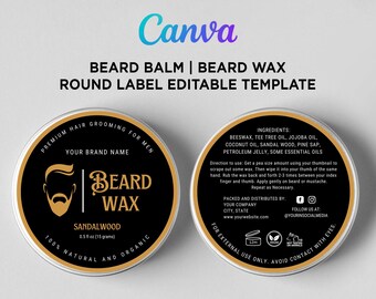 Printable Beard Wax Label, Beard Balm Round Label, Men Care Label Sticker, Beard Care Label Design, Editable Digital Template at Canva.