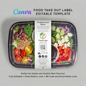 Printable Food Container Label, Fresh Salad Labels, Take Out Box Label, Take Away Food Packaging, Restaurant Sticker Editable Template Canva