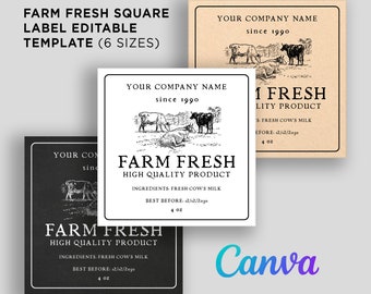 May include: A set of six editable square labels with a black and white illustration of cows and the text "Farm Fresh High Quality Product". The labels are in different colors: black, white, and brown.