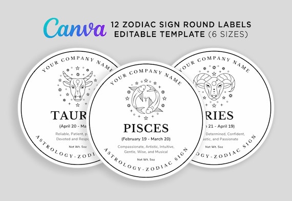 Printable Zodiac Sign Labels, Zodiac Candle Labels, Horoscope Zodiac Sign, Astrology Zodiac Sign Round Label Design Editable Template Canva