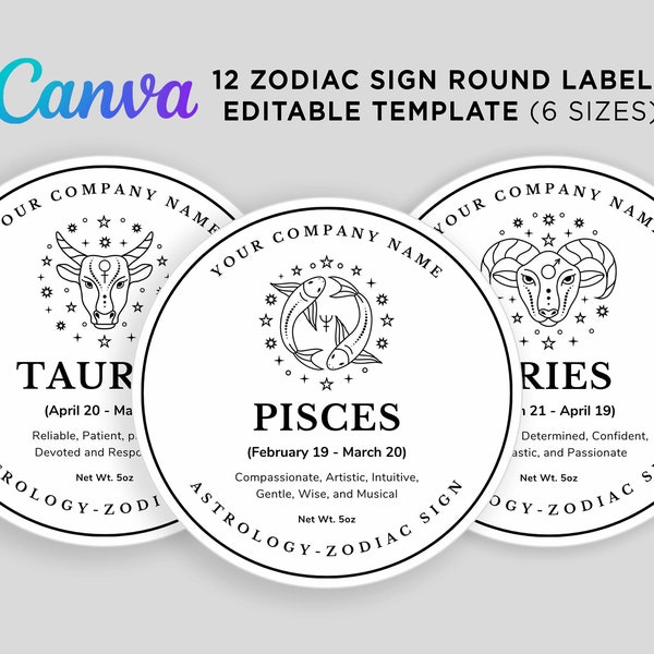 Printable Zodiac Sign Labels, Zodiac Candle Labels, Horoscope Zodiac Sign, Astrology Zodiac Sign Round Label Design Editable Template Canva