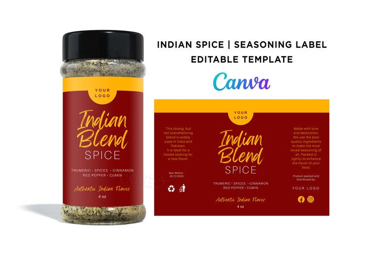 Printable Indian Blend Spice Wrap Label Indian Seasoning Etsy